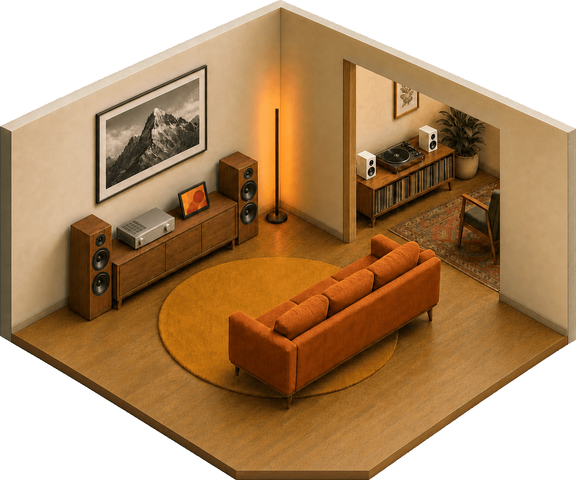 A cutaway living room: a pair of floorstanding speakers and an amplifier on a console, a
                   digital frame showing album art, a floor lamp washing the wall in the album's colour, and
                   through the doorway a second room with a turntable and a different, smaller speaker.